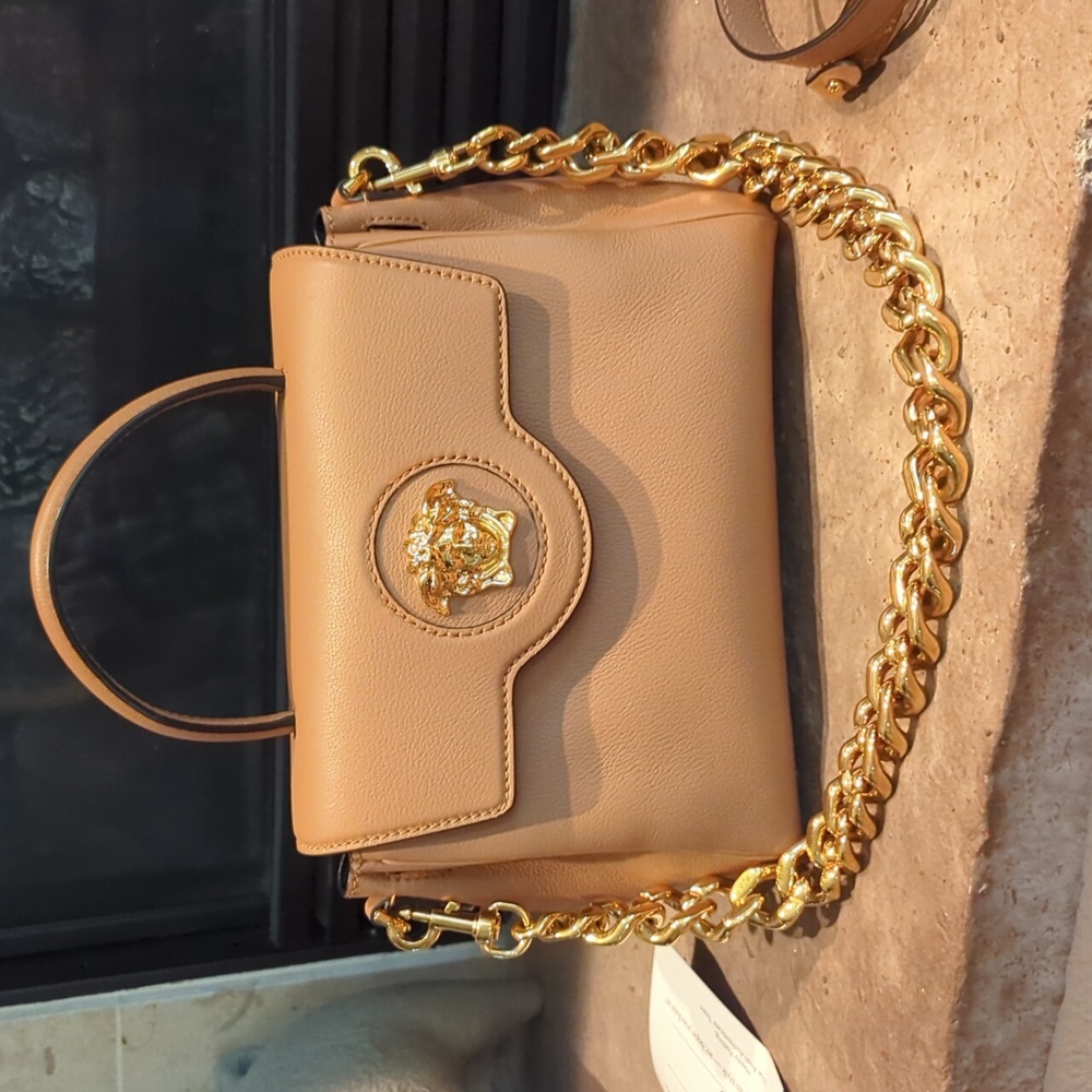 EUC Versace Camel La Medusa Leather Top Handle Satchel Handbag Medium